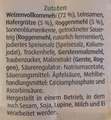 Mehrkornbrot Backmischung ingredients label