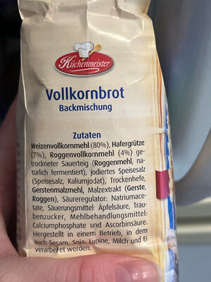 Backmischung Vollkornbrot ingredients label