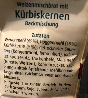Weizenmischbrot mit Kürbiskernen Backmischung ingredients label