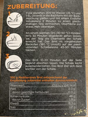 Mediterranes Brot Backmischung nutrition facts table