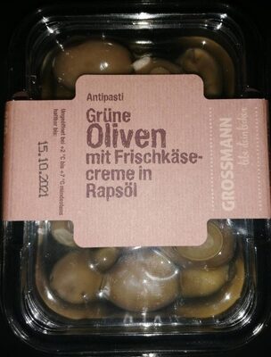 Grüne Oliven mit Frischkäsecreme in Rapsöl