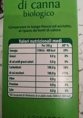 Zucchero di canna biologico nutrition facts table