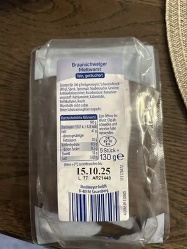 Braunschweiger Mettwurst ingredients label