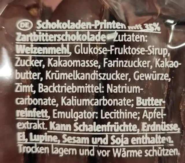 Aachener Schokoladen Printen ingredients label