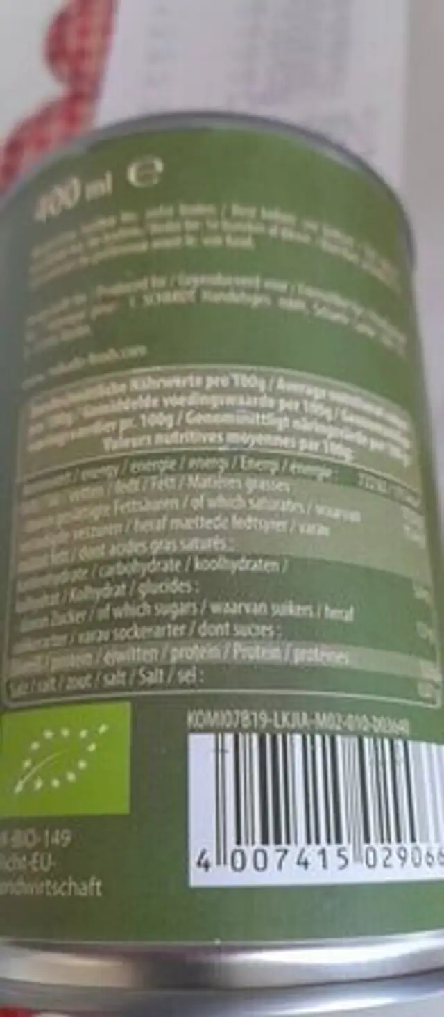 Coconut milk organic nutrition facts table