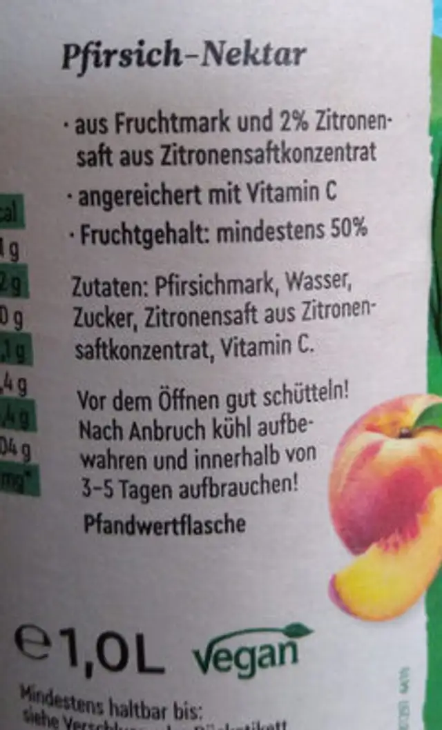 Wolfra Pfirsich Premium-Nektar ingredients label
