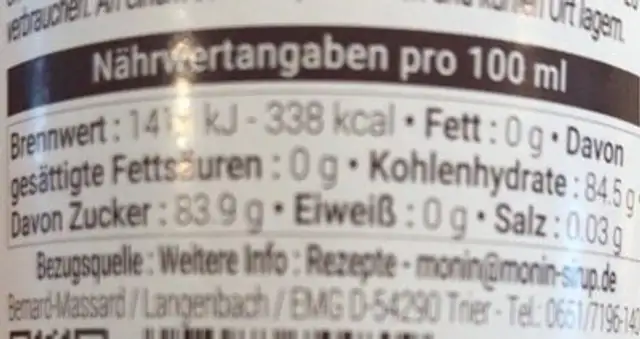 Vanille Sirup nutrition facts table