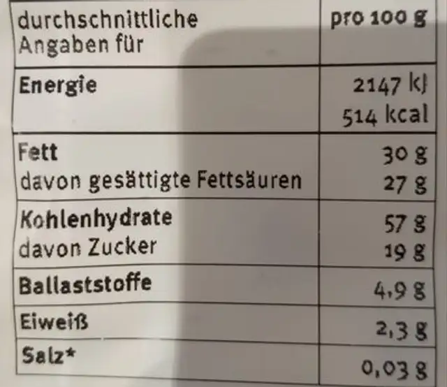 Bananenchips nutrition facts table