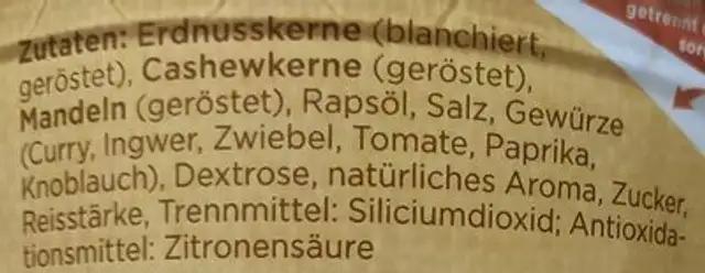 Snack Nüsse Oriental Style ingredients label