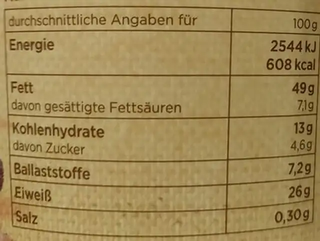 Snack Nüsse Oriental Style nutrition facts table