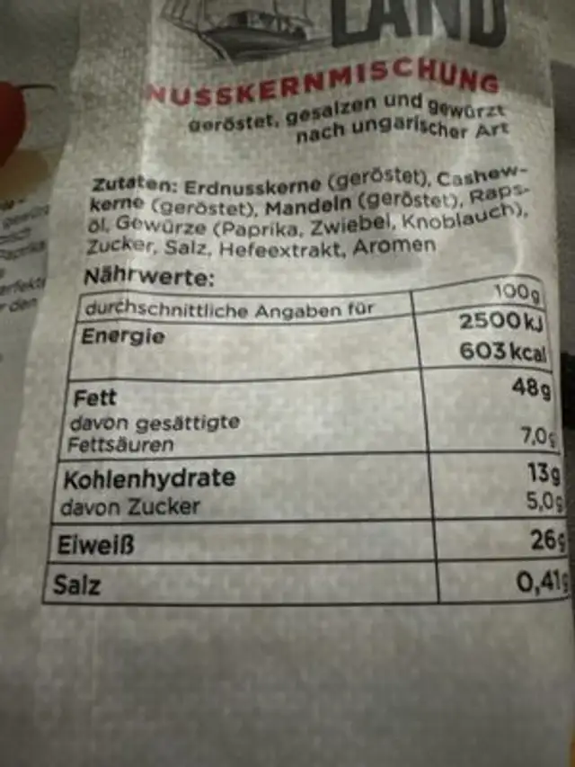 Unknown nutrition facts table