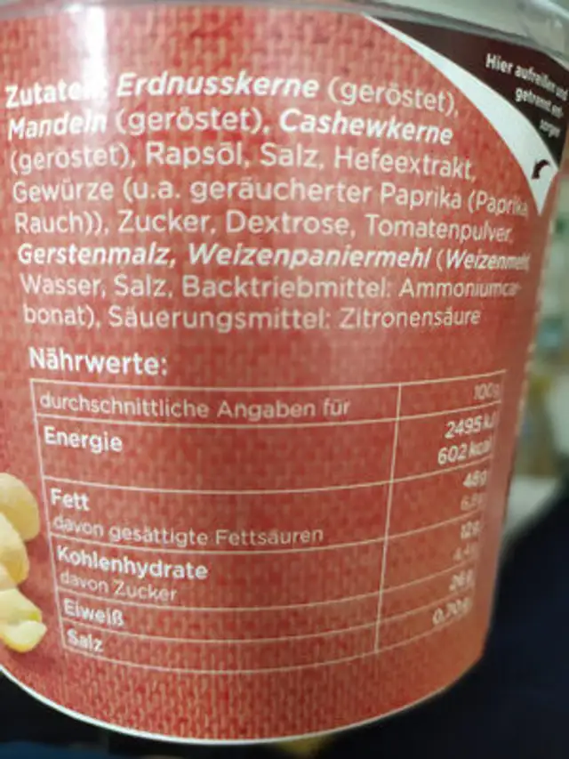 Snack Nüsse BBQ ingredients label