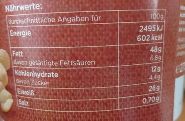 Snack Nüsse BBQ nutrition facts table