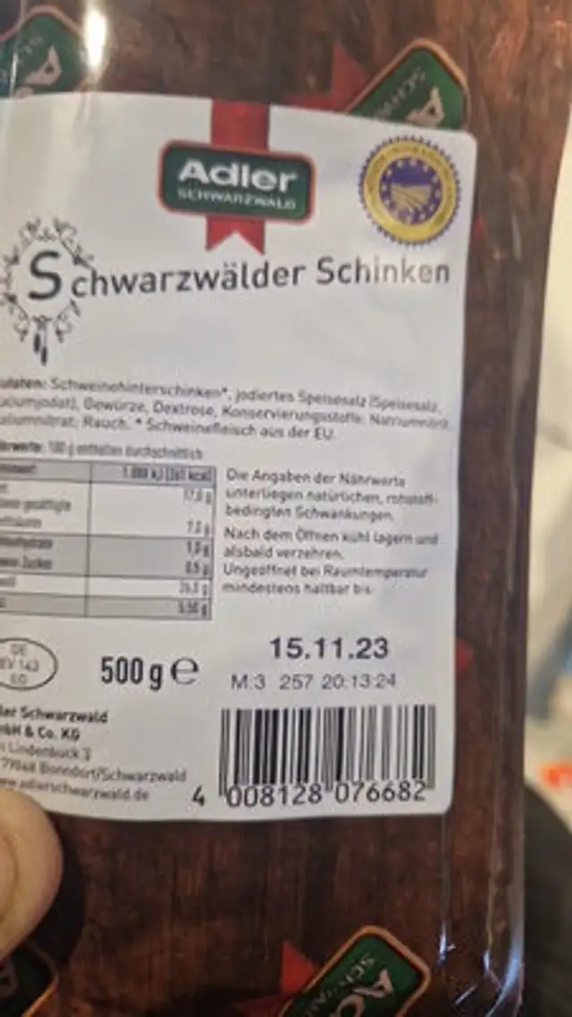 Schinken ingredients label