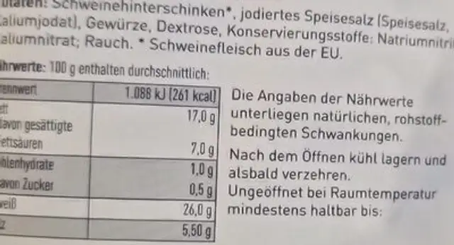 Schinken nutrition facts table