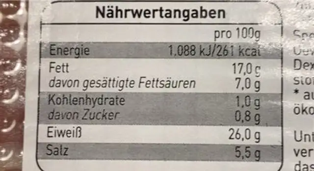 Schwarzwälder Schinken nutrition facts table