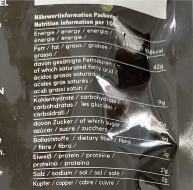 Cashew Kerne nutrition facts table