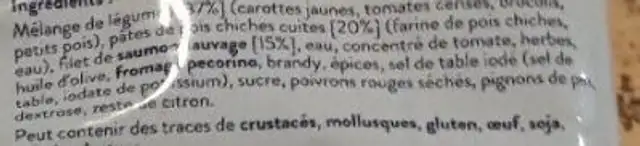 Saumon sauce au pesto rouge aux pâtes de pois chiches ingredients label