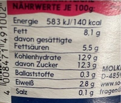 Weidemilch Sahnekefir auf Himbeere nutrition facts table
