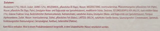 Blaubeer Schoko Kuchen mit Rahm ingredients label