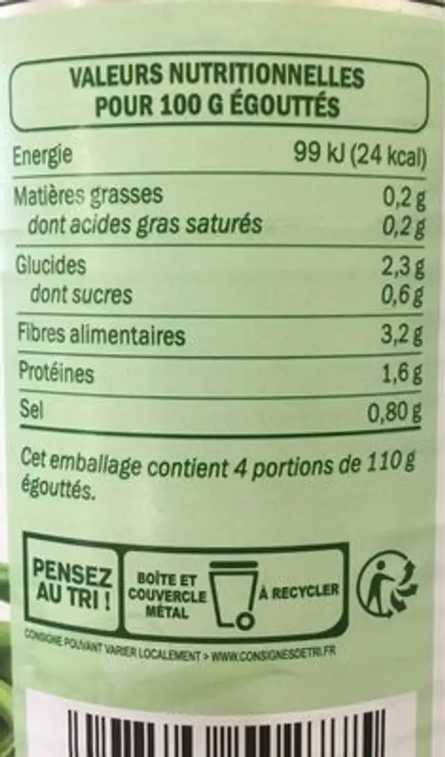 Haricots verts extra fins nutrition facts table