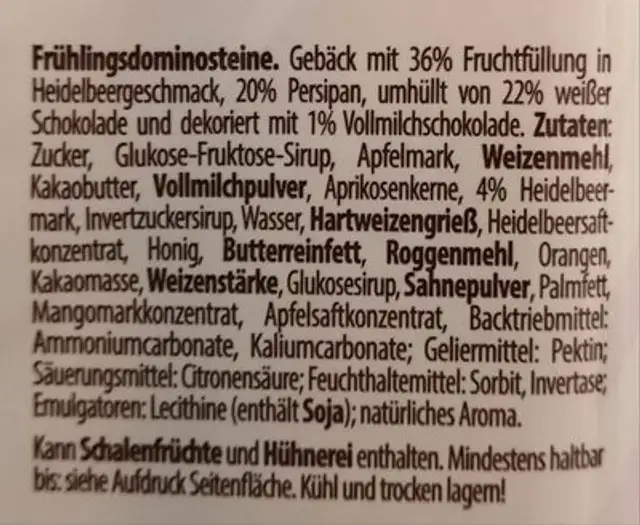 Frühlings Dominosteine ingredients label
