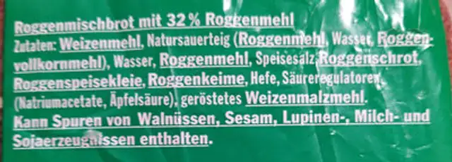 Klosterkruste Roggenmischbrot ingredients label