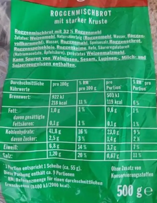 Klosterkruste Roggenmischbrot nutrition facts table