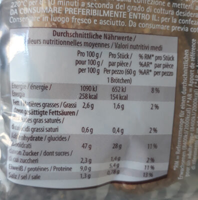 Mehrkorn Brötchen zum Fertigbacken nutrition facts table