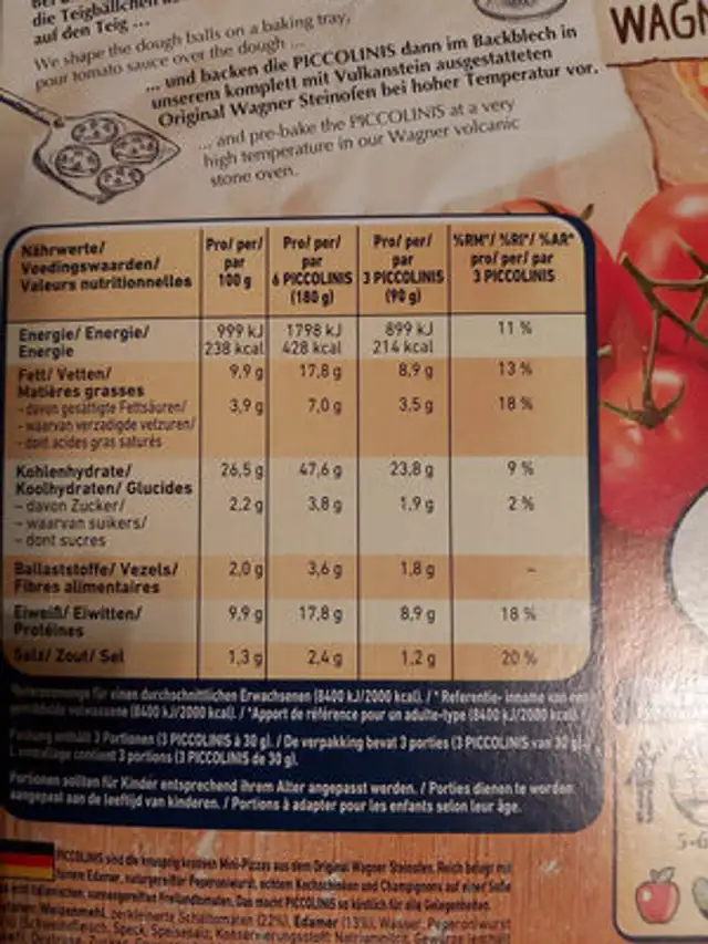 Piccolinis Speciale nutrition facts table
