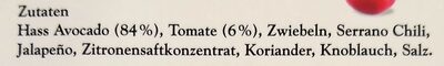 Guacamole mit Tomate ingredients label