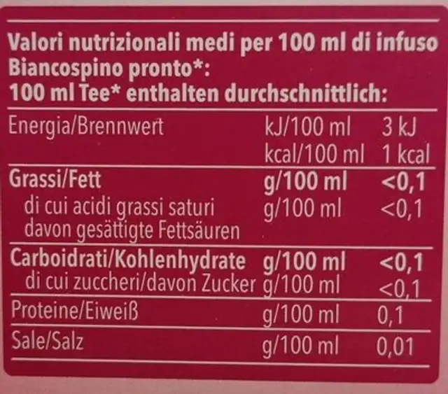 Biancospino nutrition facts table