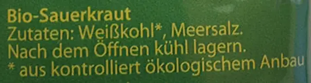Bio Sauerkraut ingredients label
