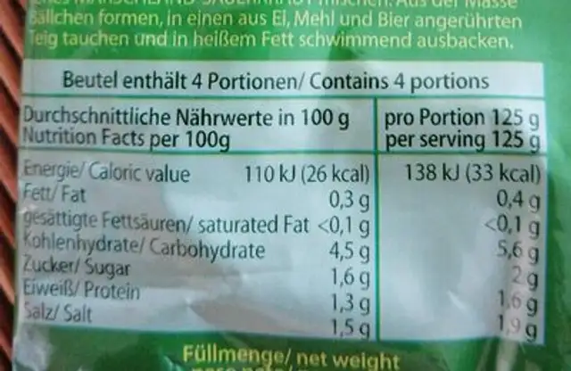 Bio Sauerkraut nutrition facts table