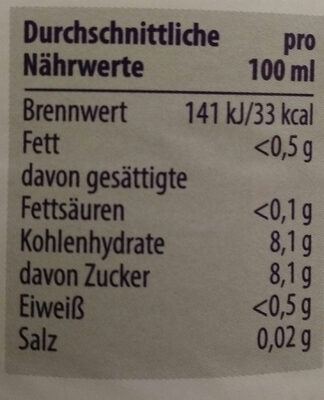 Orangemlimonade nutrition facts table