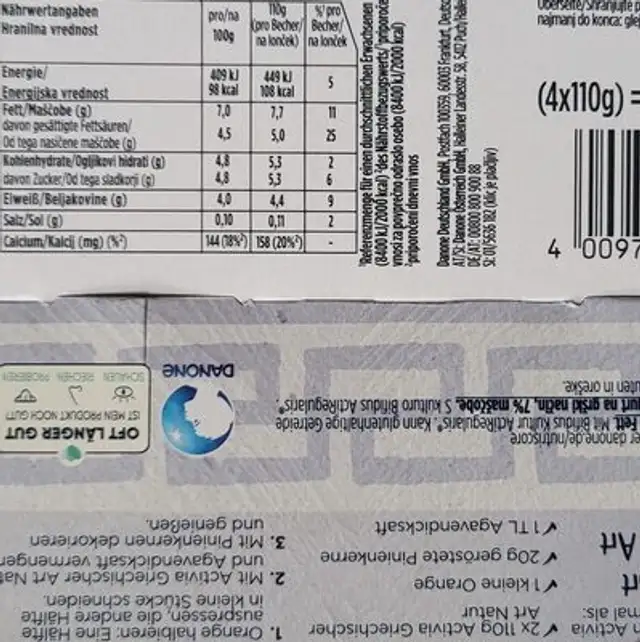 Danone ACTIVIA®Joghurt Natur griechischer Art 4x110g nutrition facts table