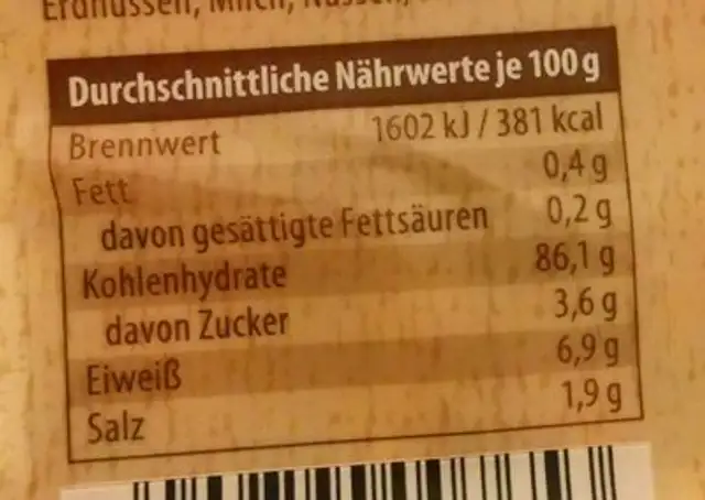 Japan mix nutrition facts table