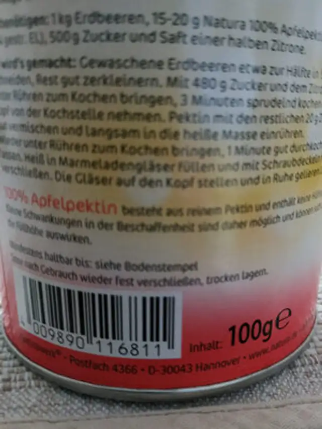 Apfel Pektin 100% ingredients label