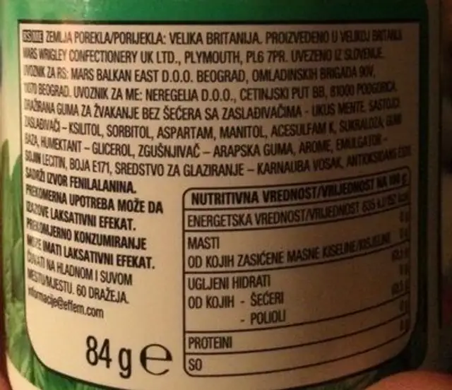 Spearmint Chewing gum (sugarfree) ingredients label