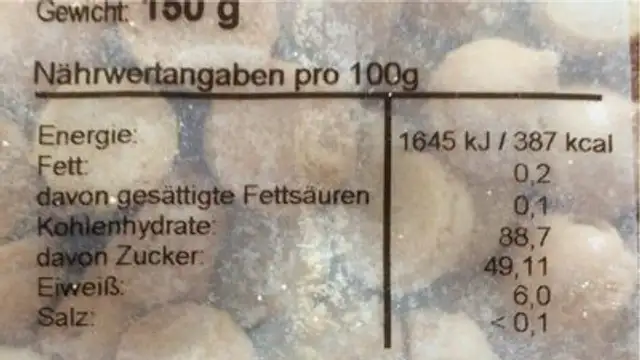 Wibele nutrition facts table