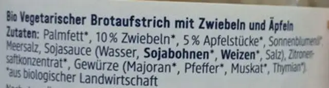 Vegetarisches Zwiebelschmalz ingredients label