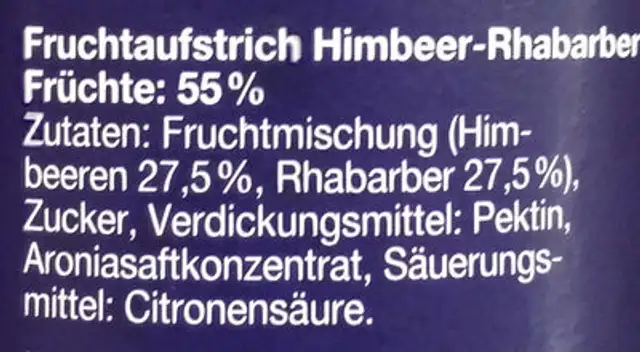 Mövenpick Gourmet Frühstück Himbeer Rhabarber ingredients label