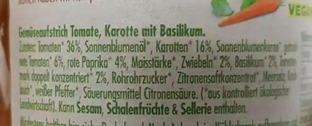 Gemüseglück ingredients label