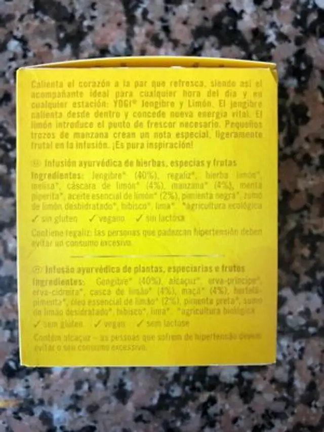Jengibre y limon ingredients label