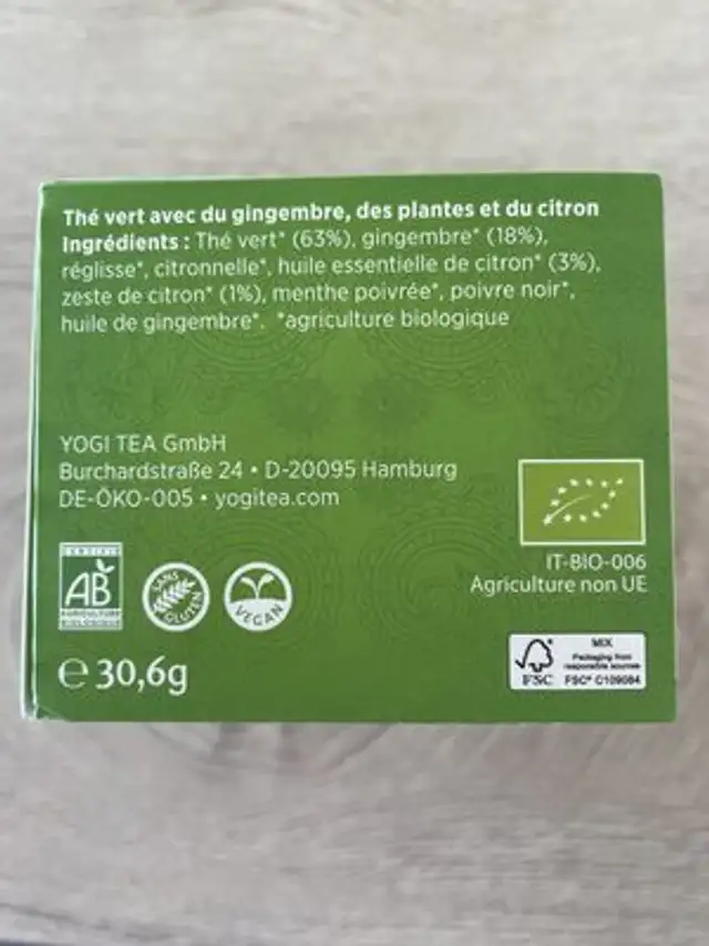 The vert gingembre citron ingredients label