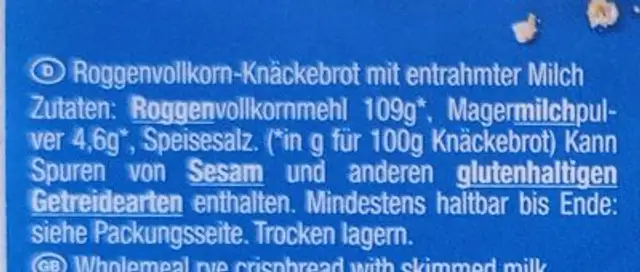 Knäckebrot mit Milch ingredients label