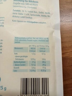 Milchreis nutrition facts table