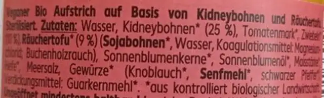 Veganer Kidneybohnen Tofu ingredients label
