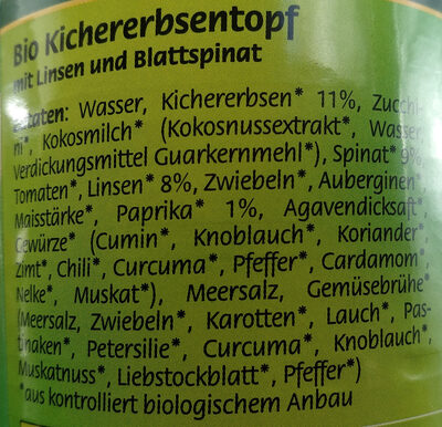 Bio Kichererbsentopf ingredients label