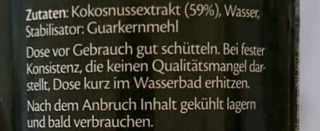 Kokosmilch fettreduziert ingredients label